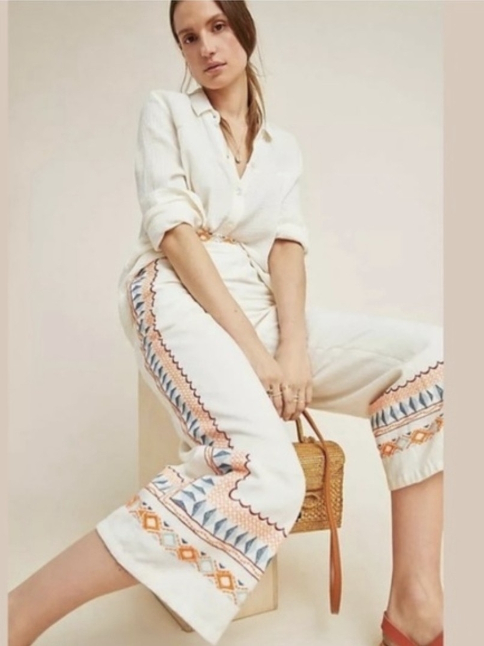 Anthropologie Islander Embroidered Cotton Linen Wide Leg Cropped Pants Size 10